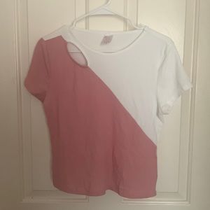 Pink white tee with purpose hole in sleeve